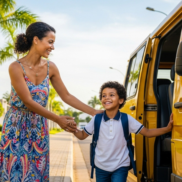 Van Escolar amarela moderna da TransEscolar oferecendo transporte seguro